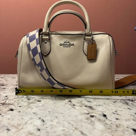 COACH Cream Leather Satchel with Lavender Checker Strap and Card Case